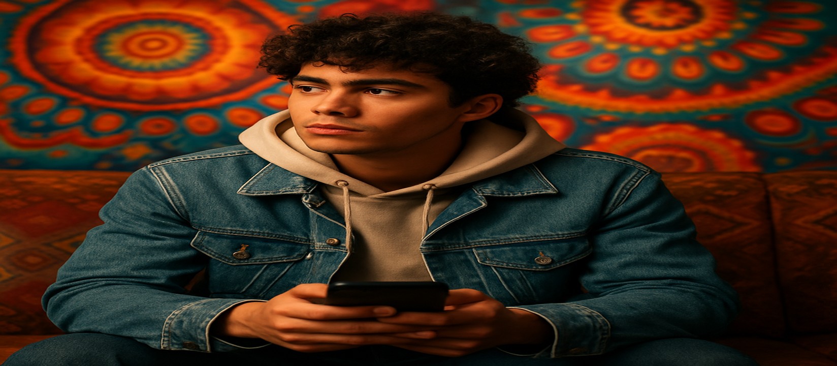 ডেনিম জ্যাকেট পরা একজন ব্যক্তি সোফায় বসে হাতে একটি ফোন ধরে ace67 অ্যাপে গেম খেলছেন।