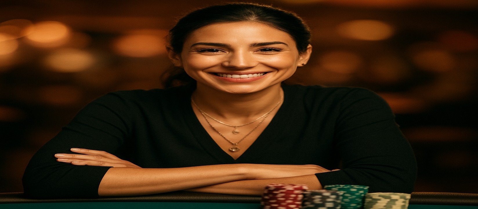 ace67 প্ল্যাটফর্মে একটি হাসিখুশি নারী হোস্ট একটি কার্ড টেবিলে বসে, তার সামনে খেলার নানা উপকরণ ও কার্ডগুলো রেখে বিস্তৃত খেলার নির্বাচন তুলে ধরছেন।