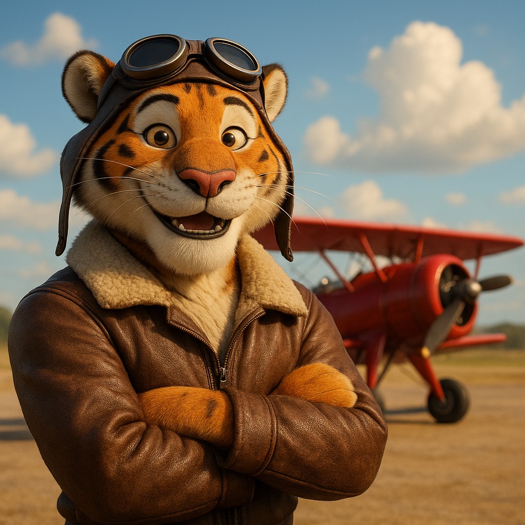 একজন বাঘ-চালিত পাইলট লাল রঙের পুরোনো বিমানের পাশে দাঁড়িয়ে আছেন, যা ace67 অ্যাভিয়েটর গেমকে প্রতিনিধিত্ব করে।