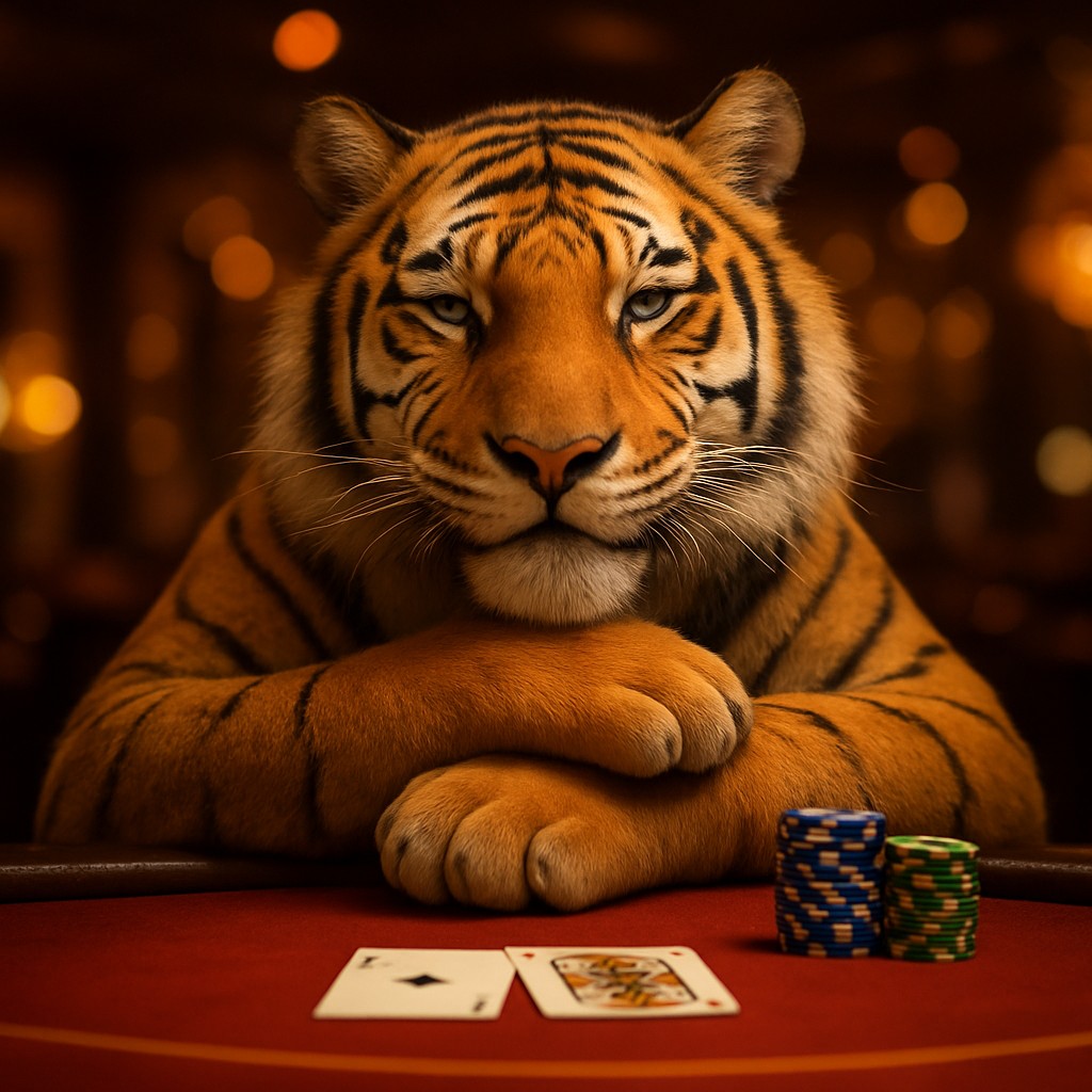 ace67 গেমিং প্ল্যাটফর্মে একটি হাসিখুশি বাঘের শাবক একটি খেলার টেবিলে বসে আছে