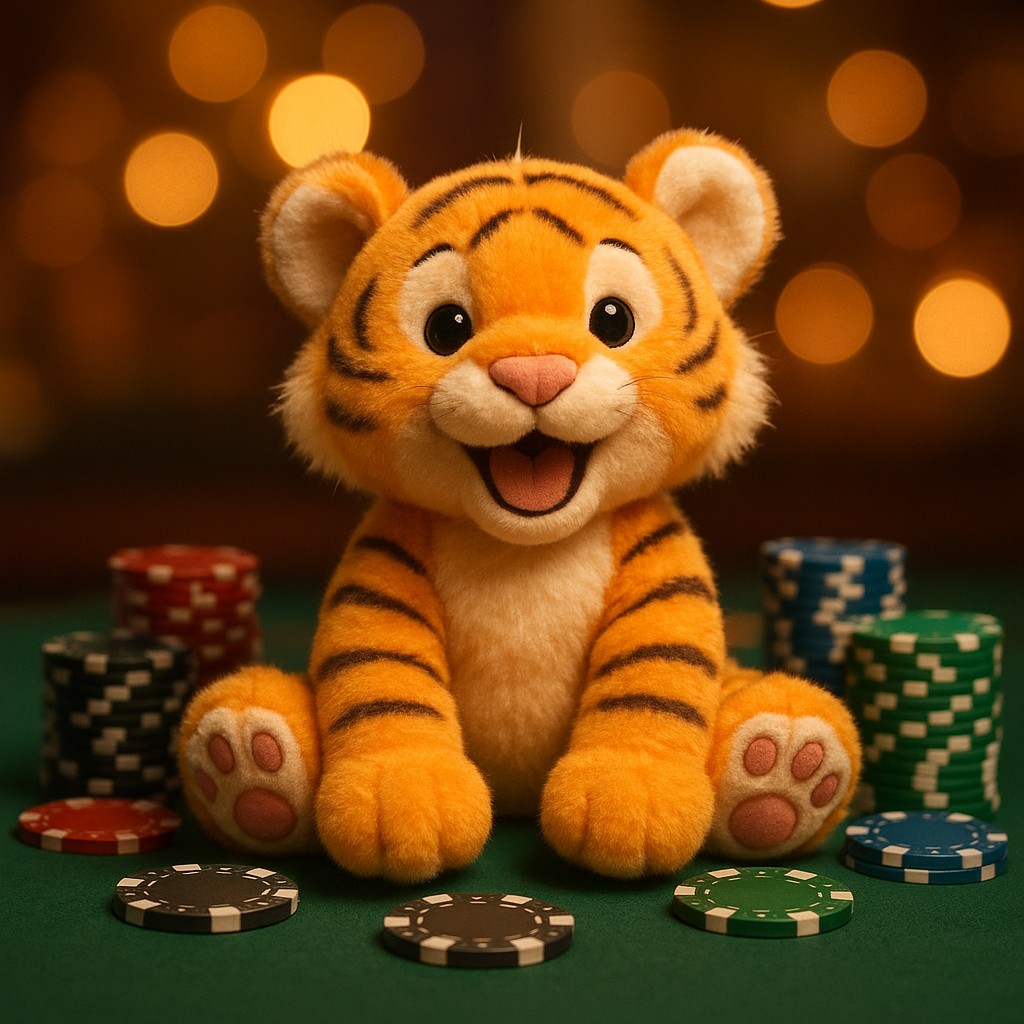 ace67 প্ল্যাটফর্মে একটি ছোট বাঘ শাবক একটি টেবিলের ওপর বসে আছে, সামনে রঙিন খেলার উপকরণ ছড়িয়ে ছিটিয়ে রয়েছে।