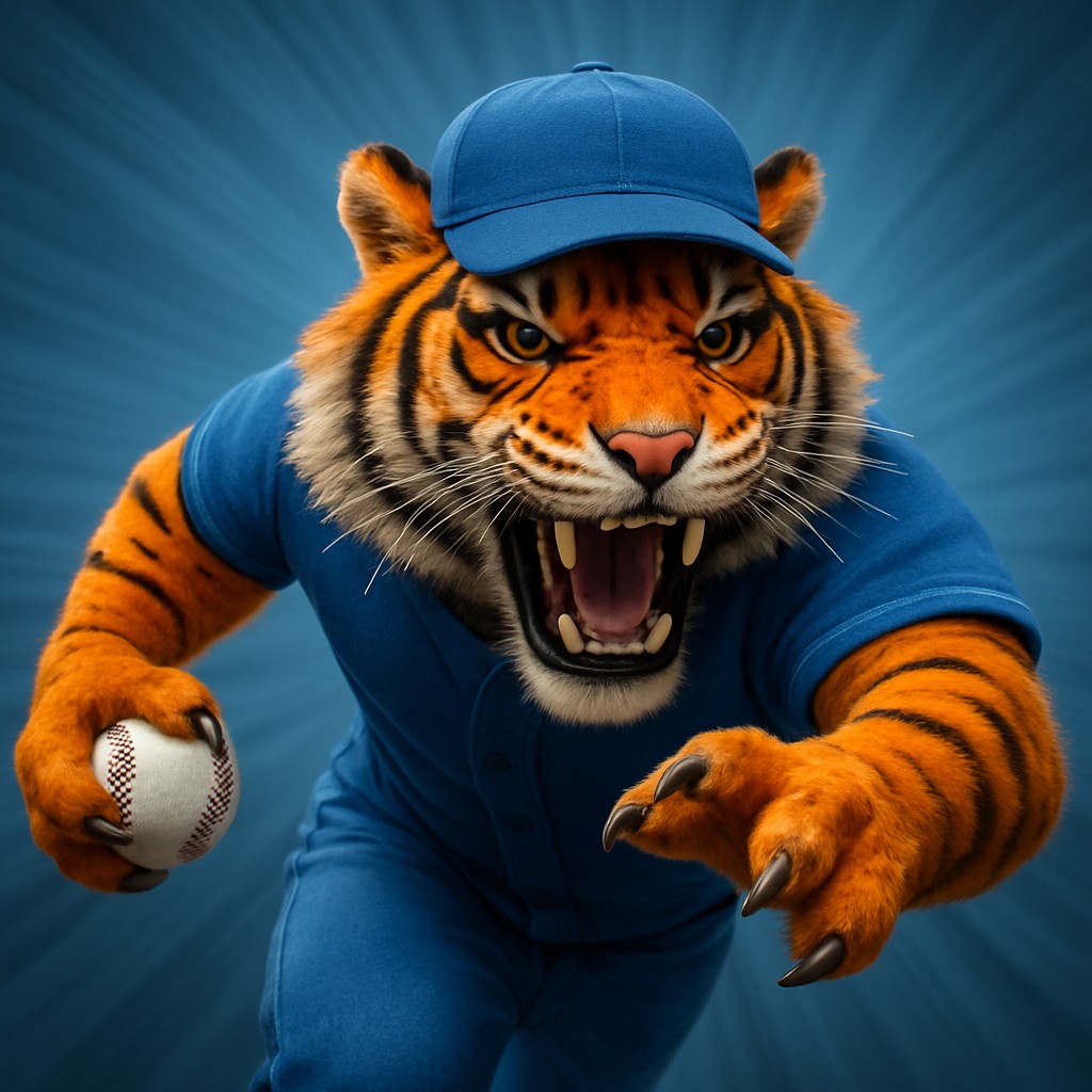 একটি হাসিখুশি বাঘশাবক ইউনিফর্ম পরা, তার পায়ে একটি বল ধরে ক্রিকেট গেমিংকে ace67-এ প্রতীকের মতো তুলে ধরে