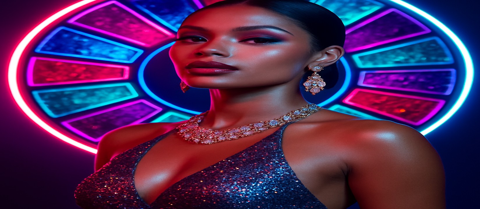 একজন নারী সিকোয়ন-আলংকারিত পোশাক পরে ace67 গেমিং প্ল্যাটফর্ম-চাকার সামনে পোজ দিচ্ছেন